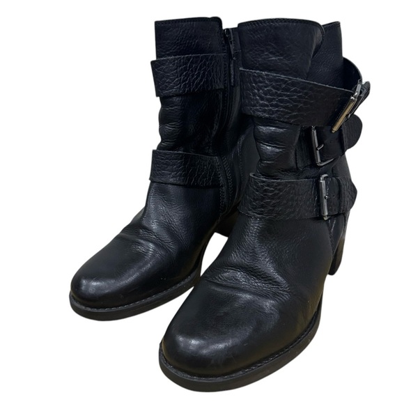 Clarks 1825 Black Leather Ankle Biker Boots Triple Buckle Zipper Women Size 8.5M - Picture 3 of 12